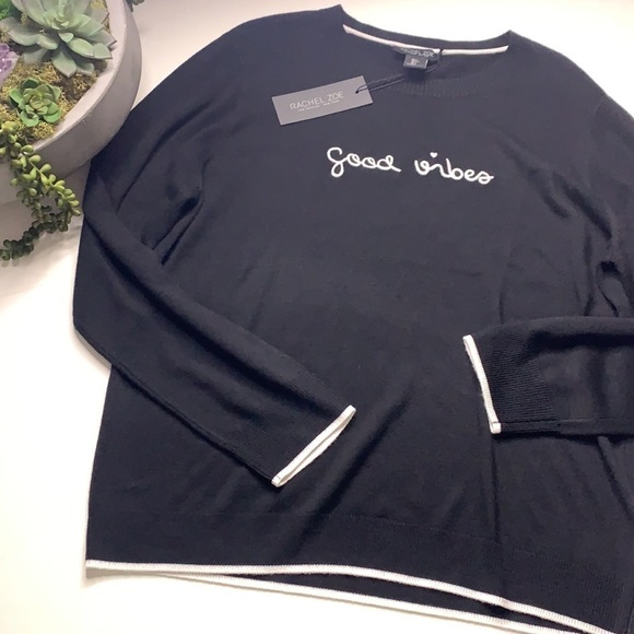Rachel Zoe Good Vibes script embroidered pullover sweater large women’s s black - Picture 6 of 7